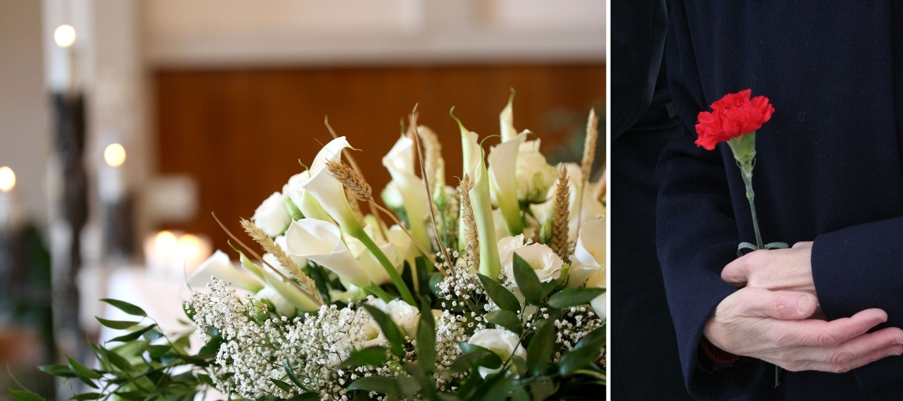 fleurs funéraires blanches avec un œillet rouge