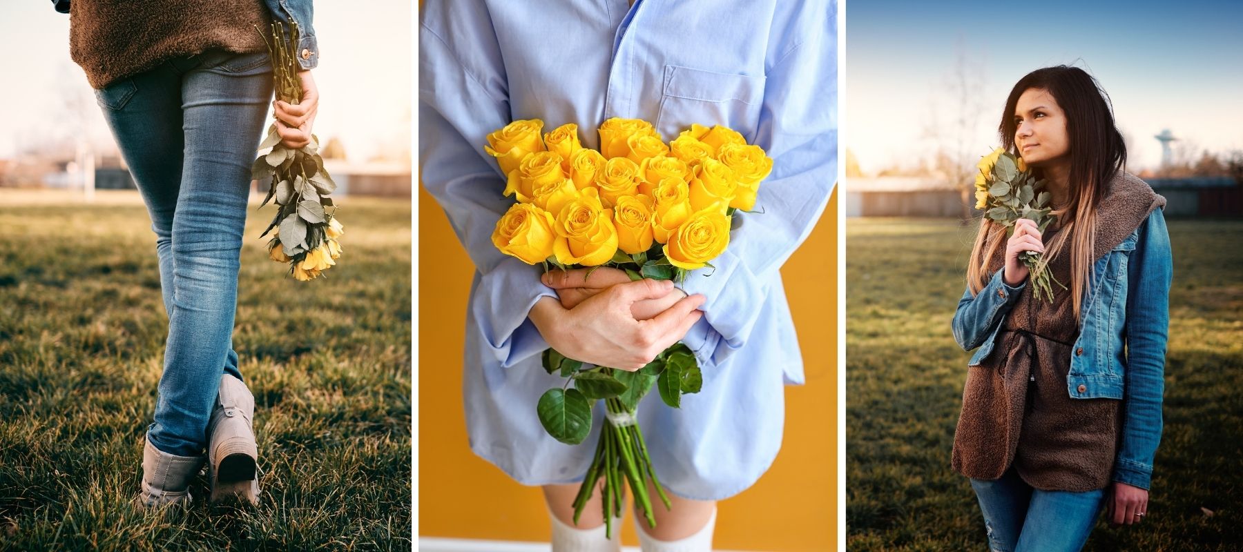 woman with a bouquet of yellow roses