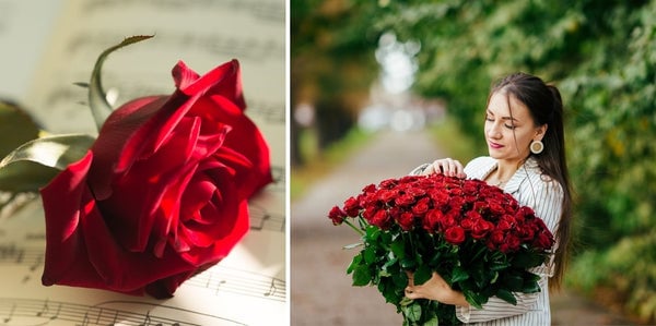 red rose woman with a large bouquet of red roses