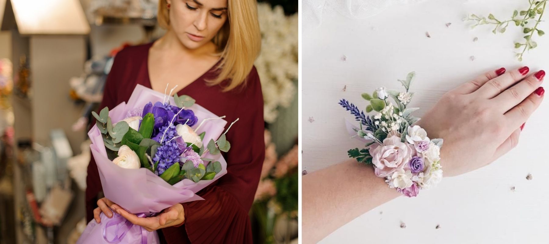 purple lilac floral bracelet bouquet