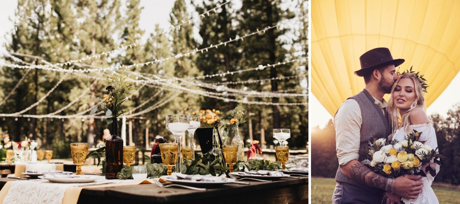 Rustikaler Hochzeitstisch im Freien mit böhmischem Paar