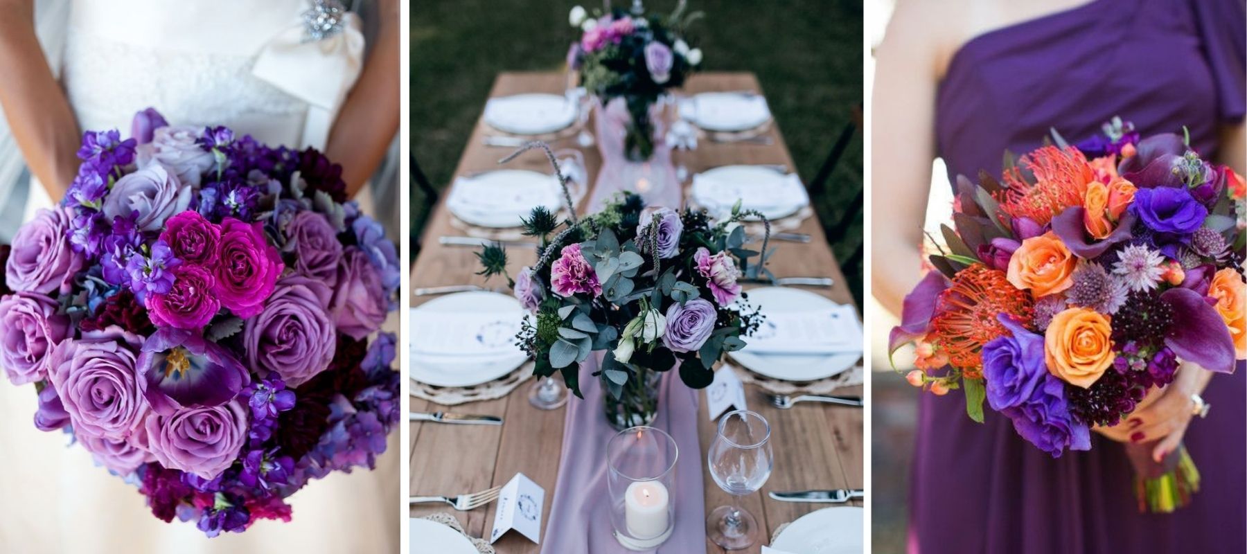 violet and orange rose bouquet table decoration