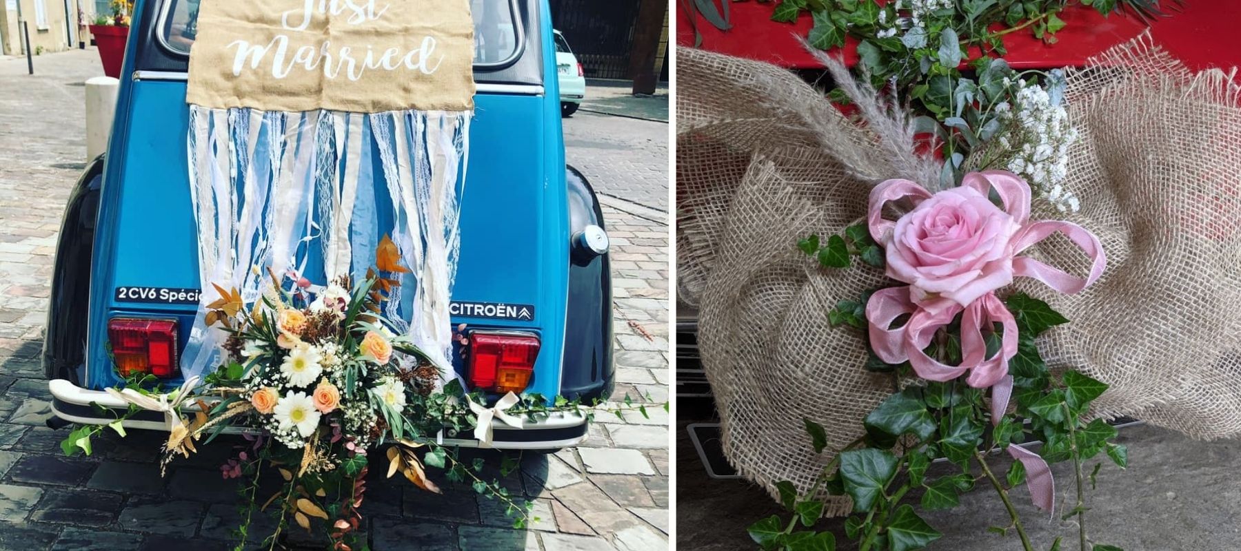 décoration de voiture de mariage rustique