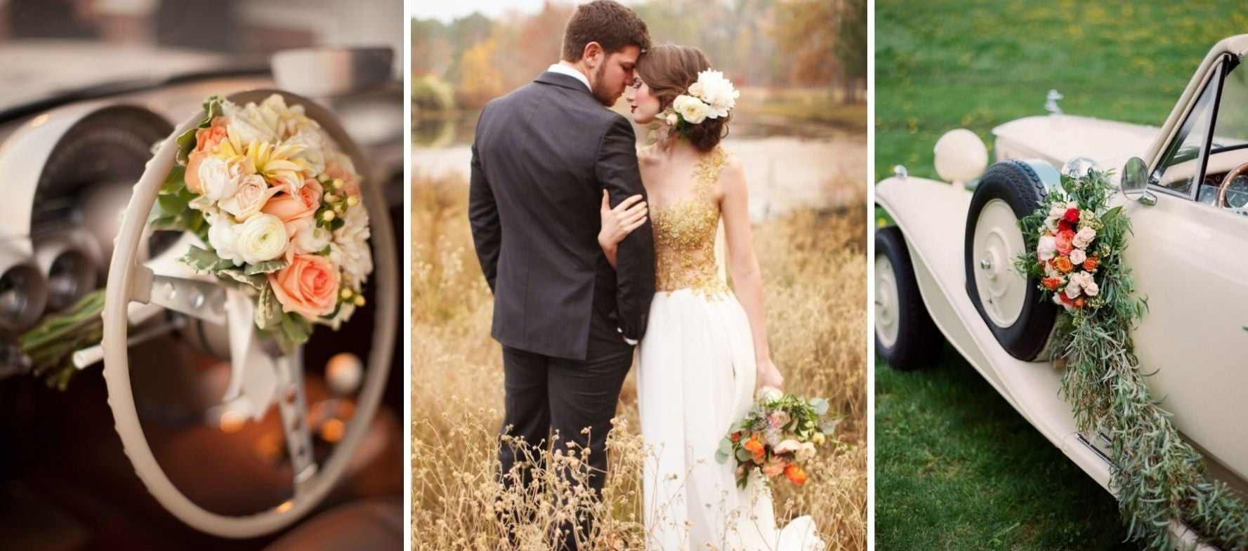 blumengeschmücktes Hochzeitsauto