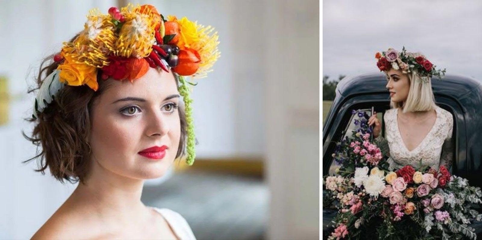 Überdimensionale Blumenkrone auf kurzem Haar