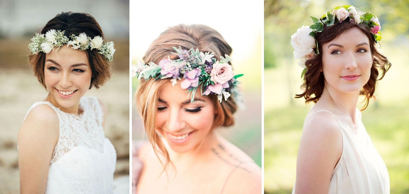 Blumenkrone auf kurzem Haar, gestylt zu einem Bob