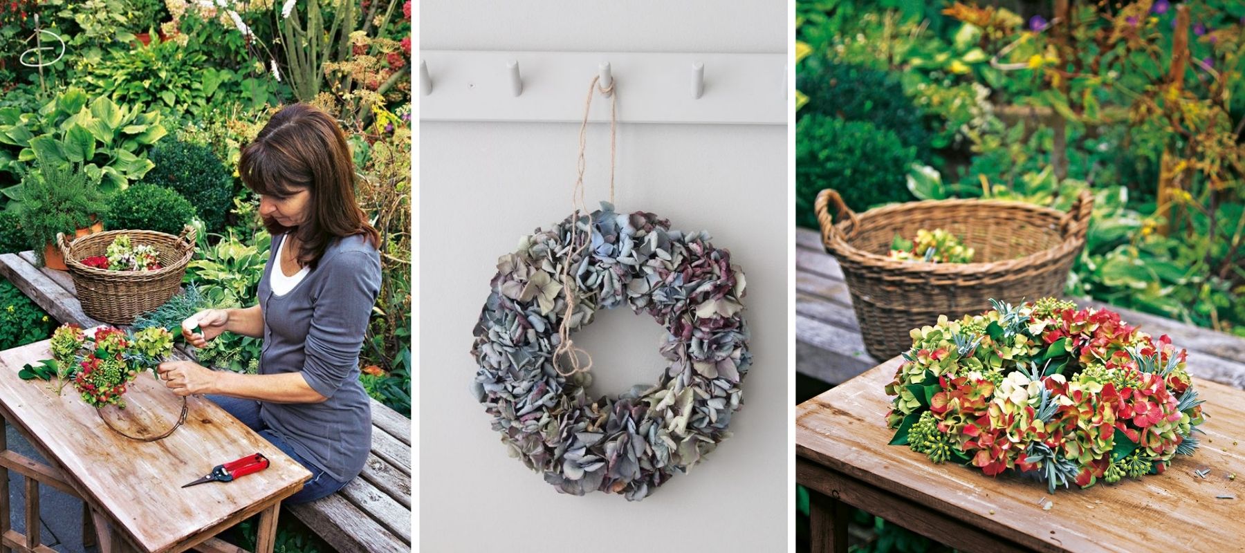 couronne décorative suspendue avec fleurs de jardin
